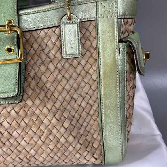 Coach # 4419 Natural Straws Seafoam Suede Leather Trim Buckle Closure Tote Bag - Picture 3 of 13